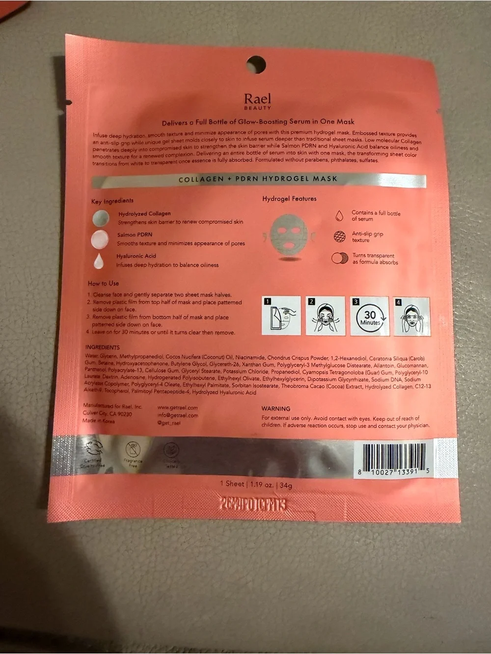 Rare Beauty Collagen + PDRN Hydrogel Mask - Coral